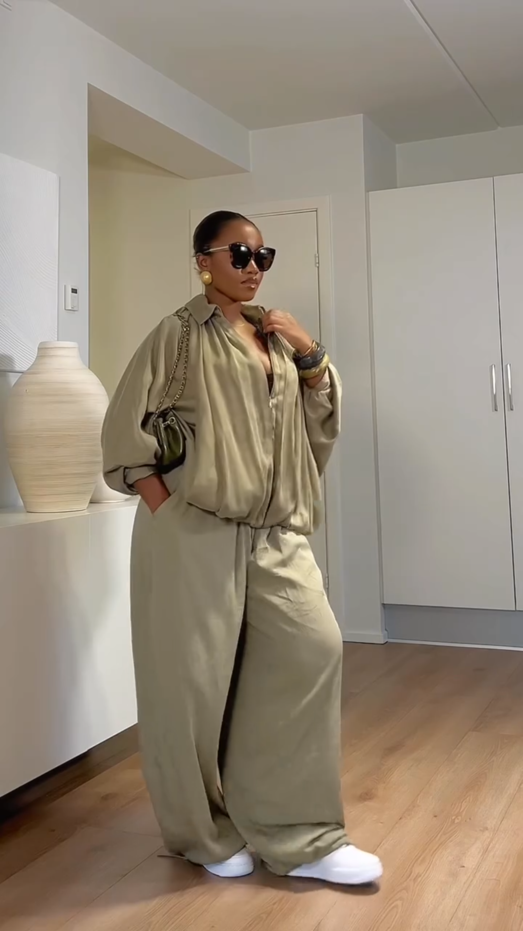Women's Olive - Green Oversized Zip - Up Jacket and Wide - Leg Pants Set
