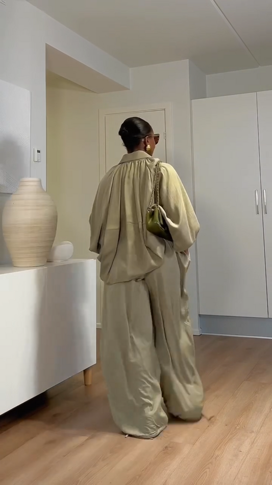 Women's Olive - Green Oversized Zip - Up Jacket and Wide - Leg Pants Set