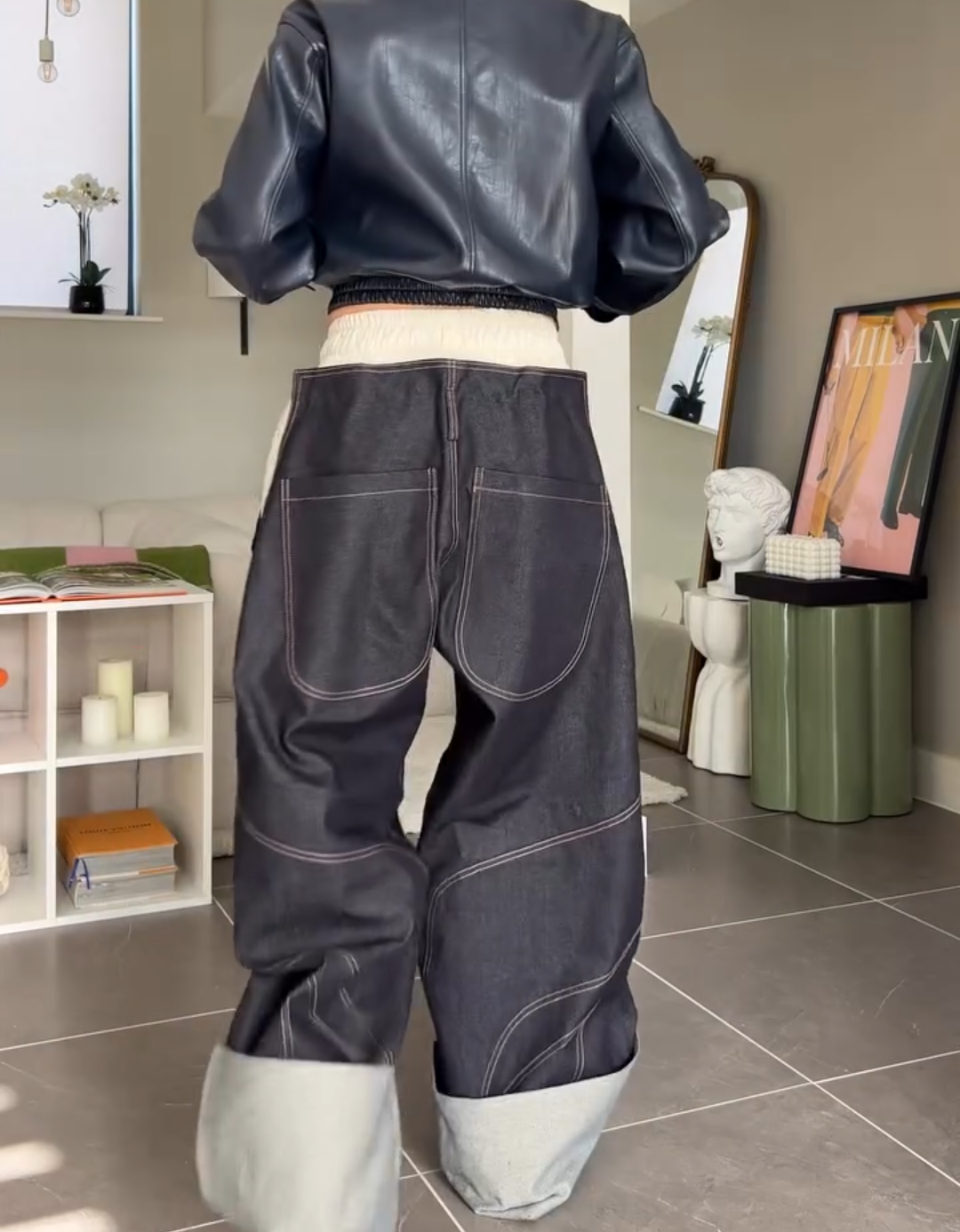 Oversized Wide-Leg Denim Trousers with Contrast Waistband and Cuffs