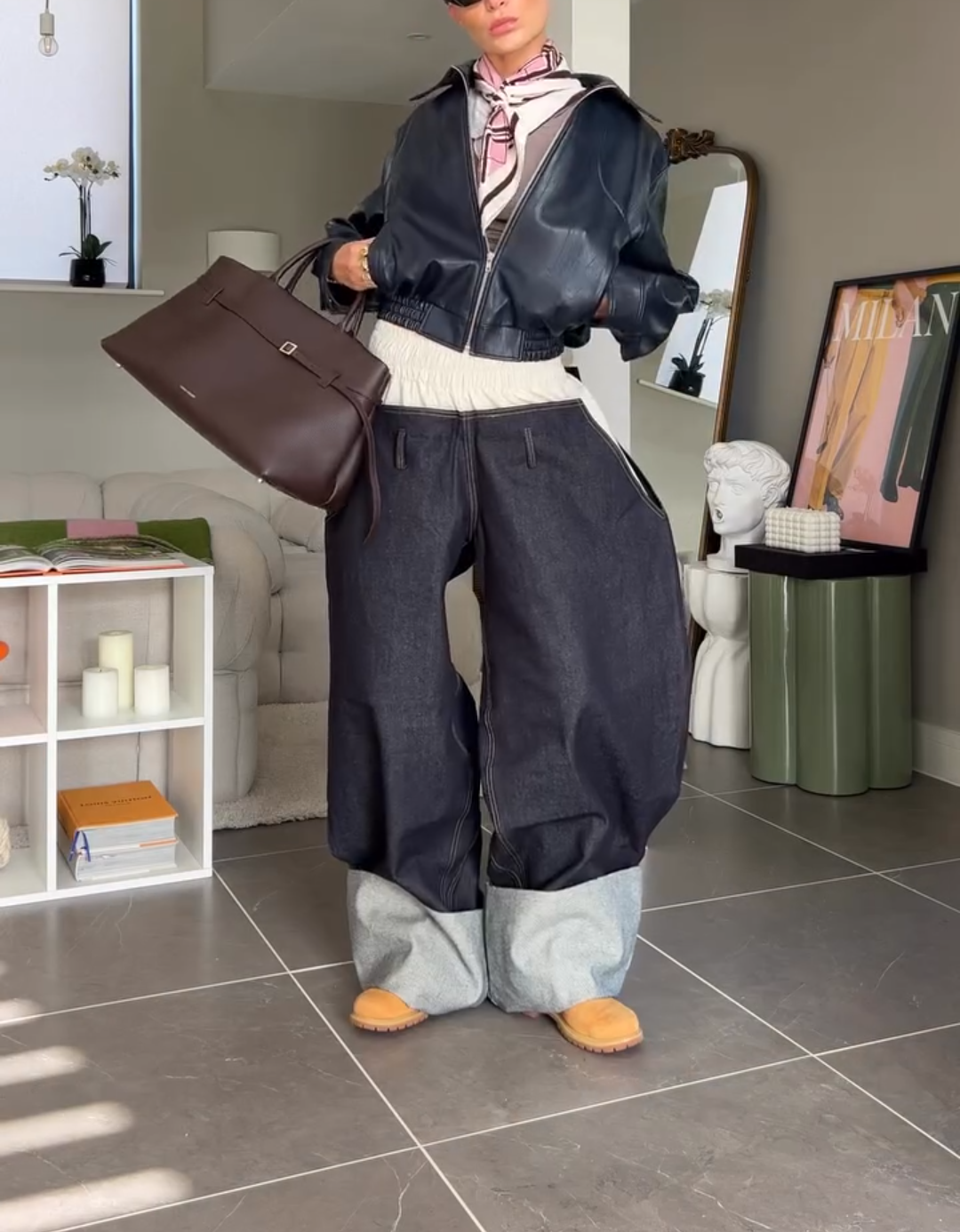 Oversized Wide-Leg Denim Trousers with Contrast Waistband and Cuffs