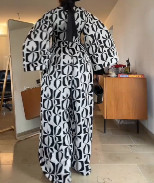 Abstract Print Balloon Sleeve Wide-Leg Jumpsuit