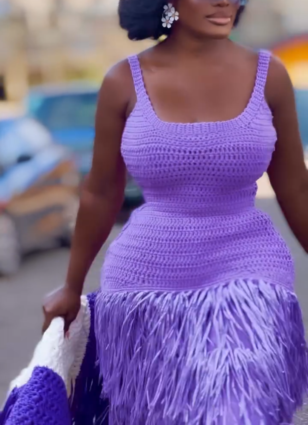 Lavender Crochet Tiered Fringe Midi Dress