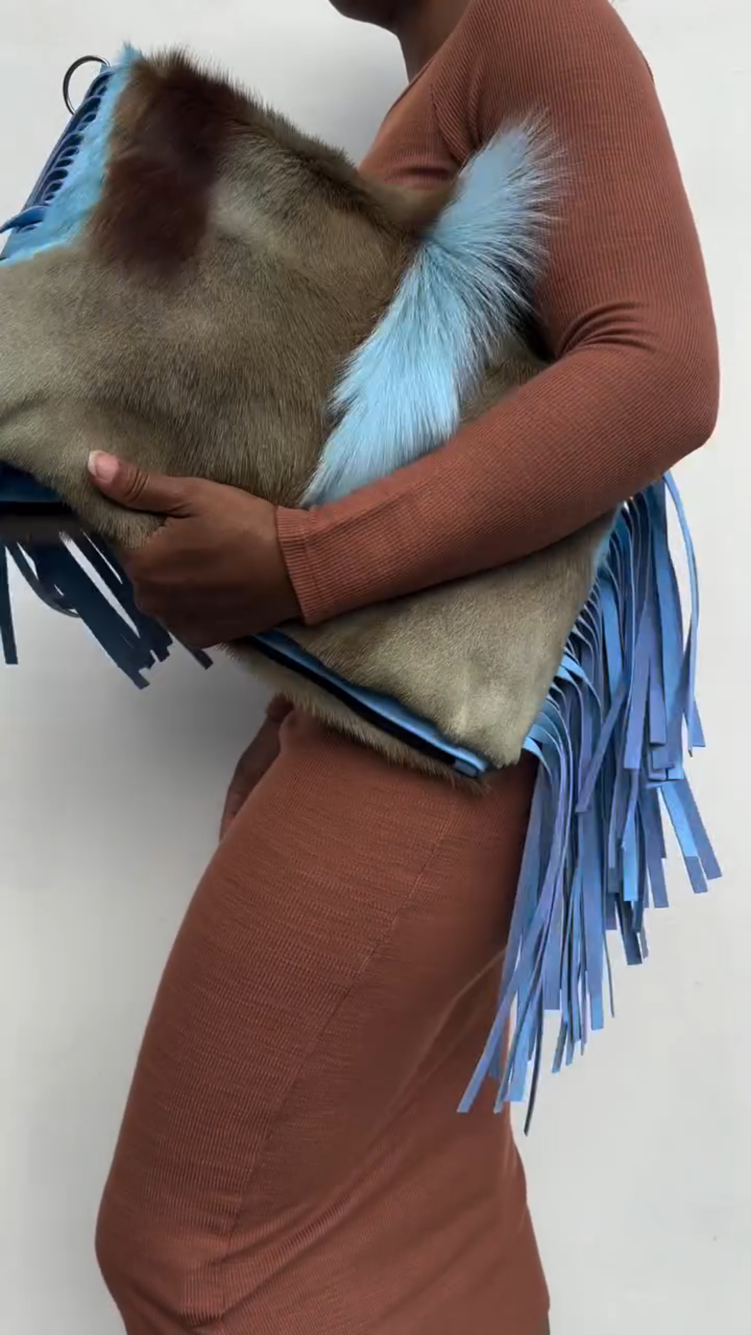 Blue Fringe Accent Faux Fur Clutch Bag
