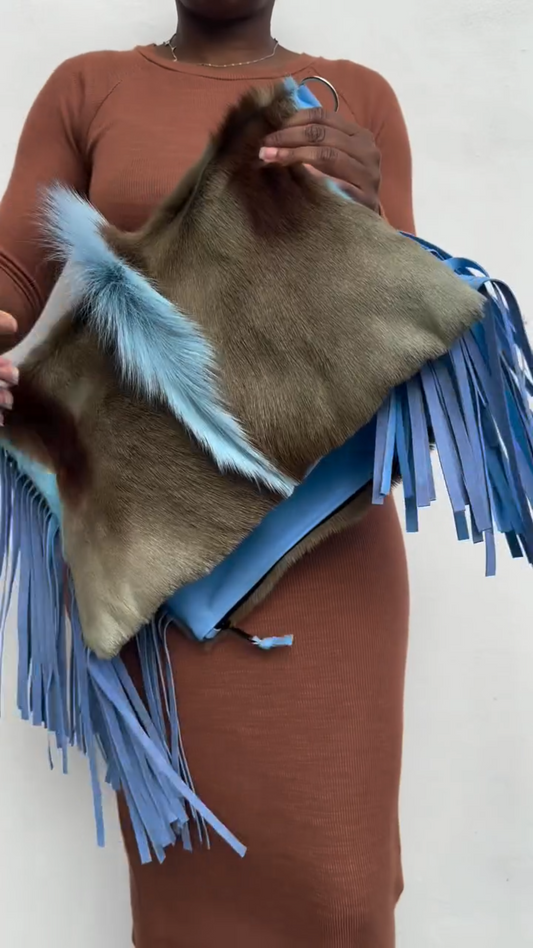 Blue Fringe Accent Faux Fur Clutch Bag