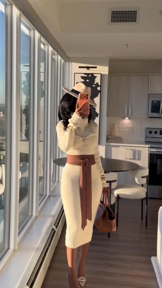 Cream Turtleneck Cable - Knit Midi Dress with Contrast Belt