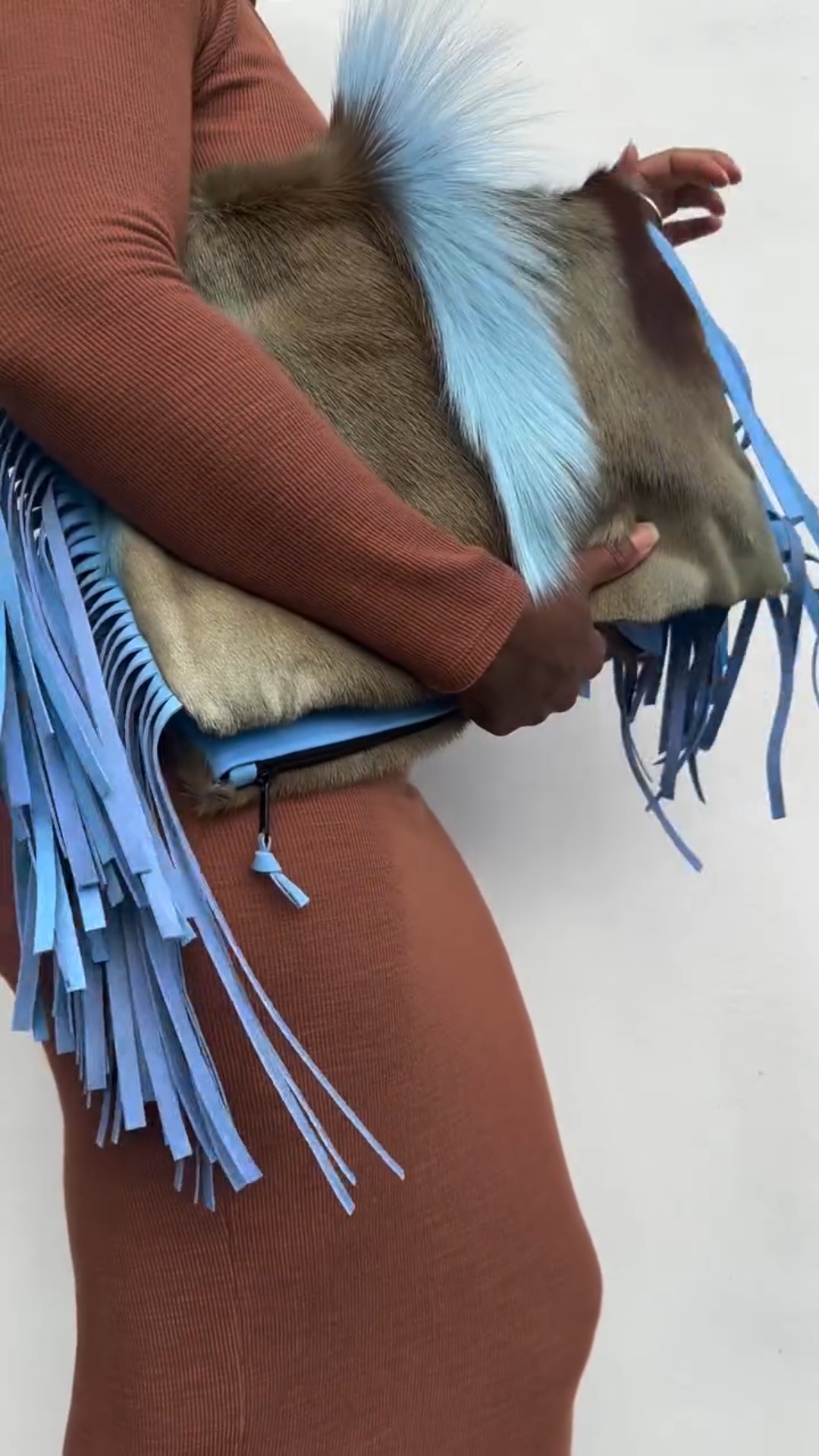 Blue Fringe Accent Faux Fur Clutch Bag