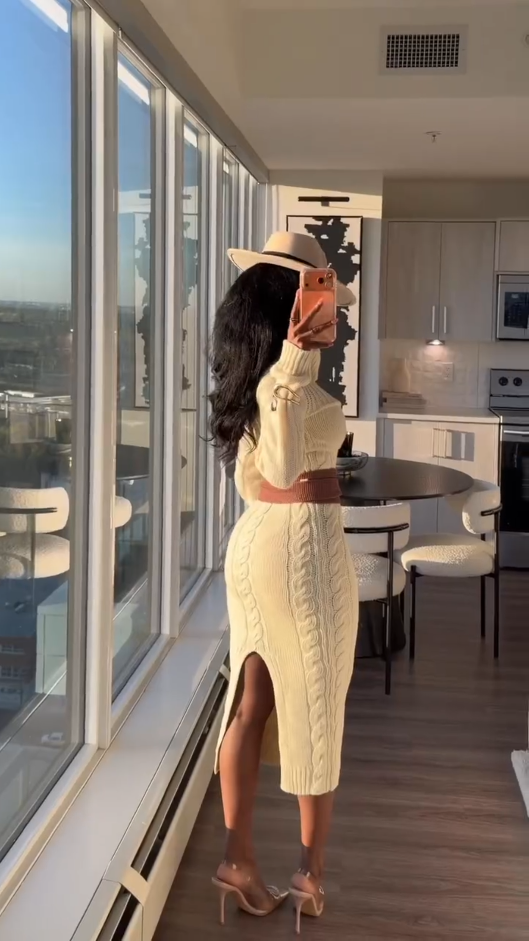 Cream Turtleneck Cable - Knit Midi Dress with Contrast Belt