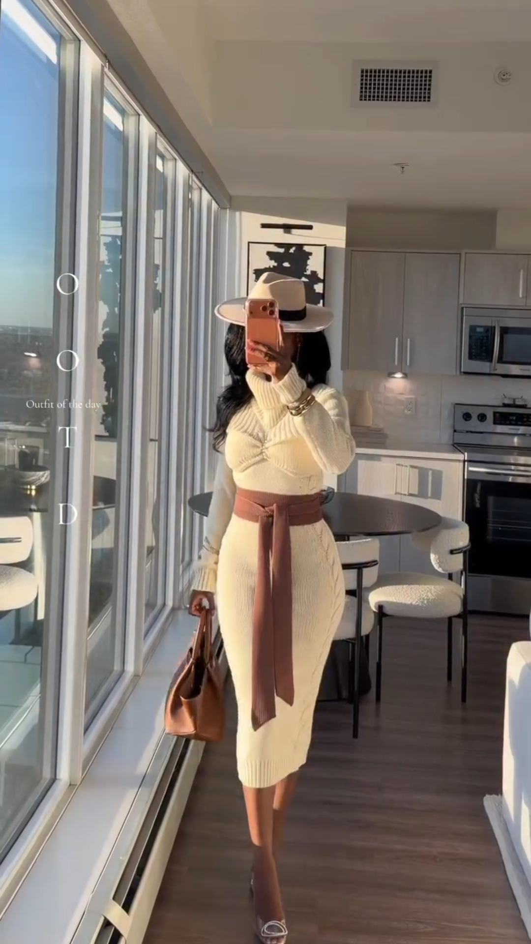 Cream Turtleneck Cable - Knit Midi Dress with Contrast Belt