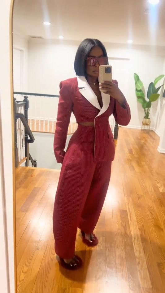 Red Pinstripe Contrast Collar Cutout Suit Set