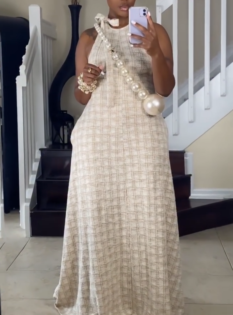 Plaid Halter Neck Open - Back Maxi Dress