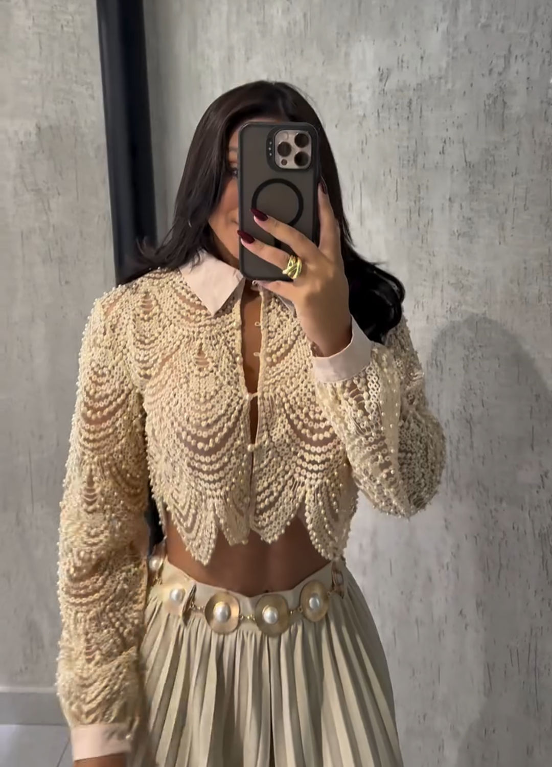 Pearl-Embellished Crochet Crop Jacket