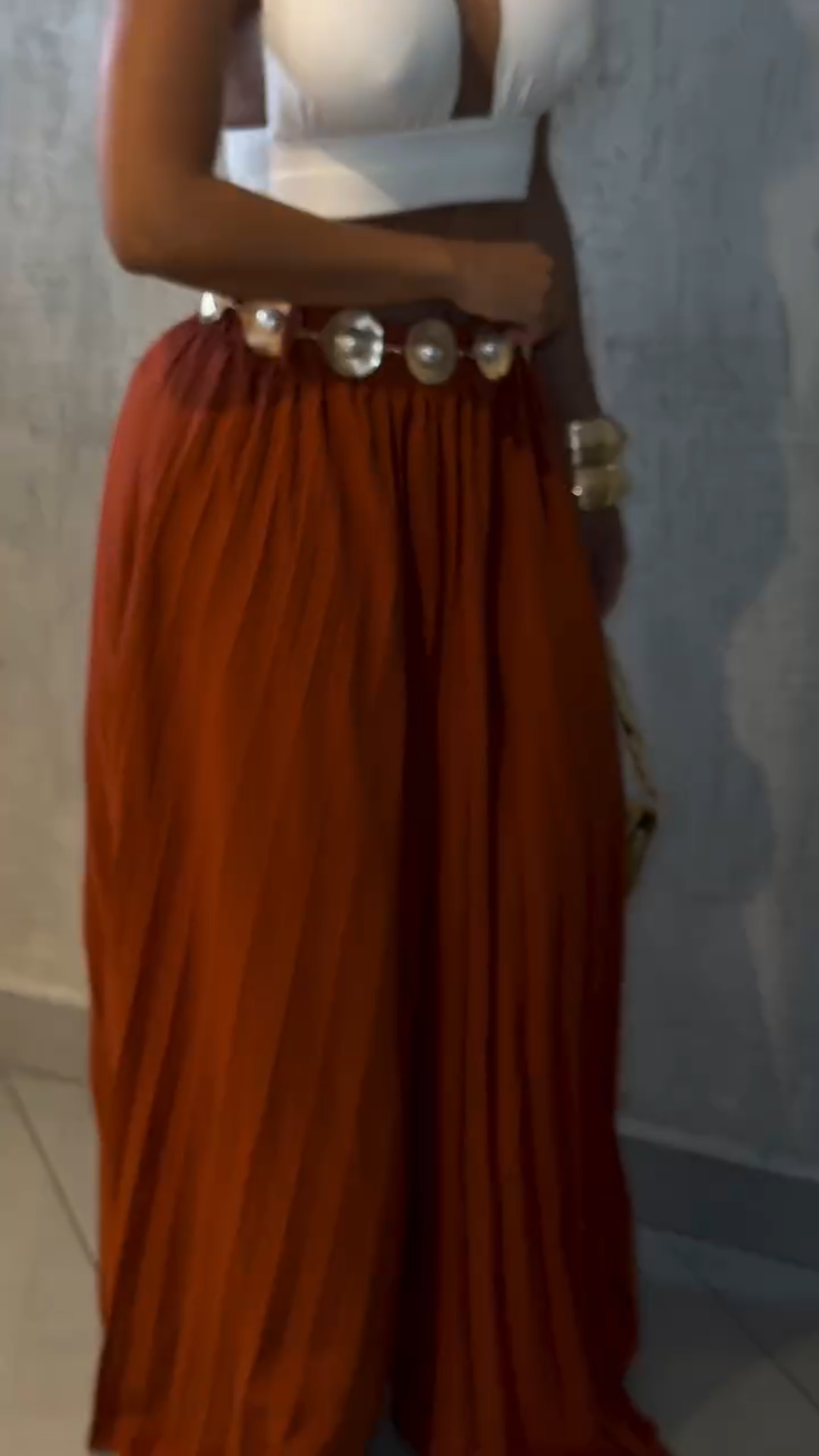 Women's High-Waisted Pleated Wide-Leg Pants - Rust Orange Flowy Trousers