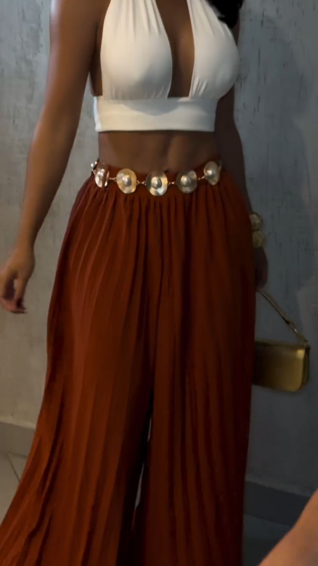Women's High-Waisted Pleated Wide-Leg Pants - Rust Orange Flowy Trousers