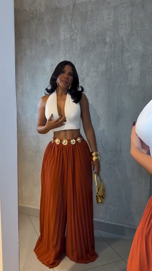 Women's High-Waisted Pleated Wide-Leg Pants - Rust Orange Flowy Trousers