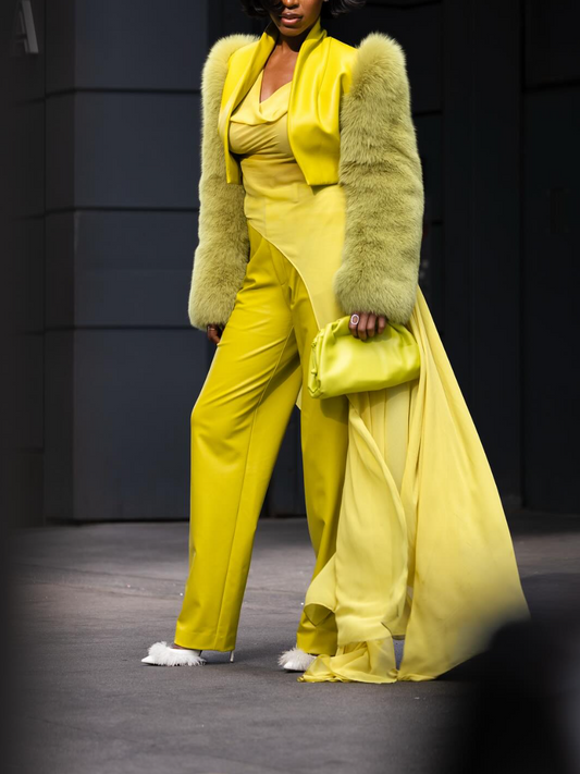 Women's Bright Yellow Satin Jumpsuit with Green Fur - Trimmed Jacket