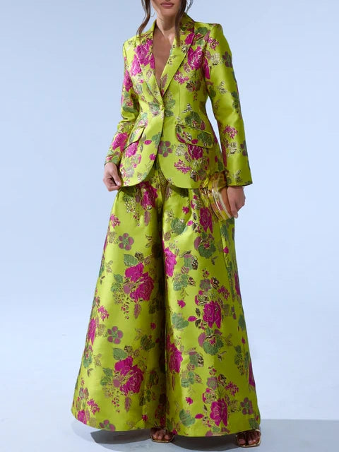 Women's Floral Print Blazer and Wide - Leg Pants Two - Piece Set