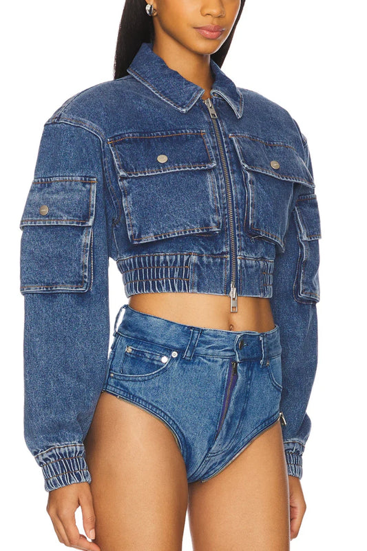 Blue Denim Cropped Cargo Jacket with Multiple Pockets