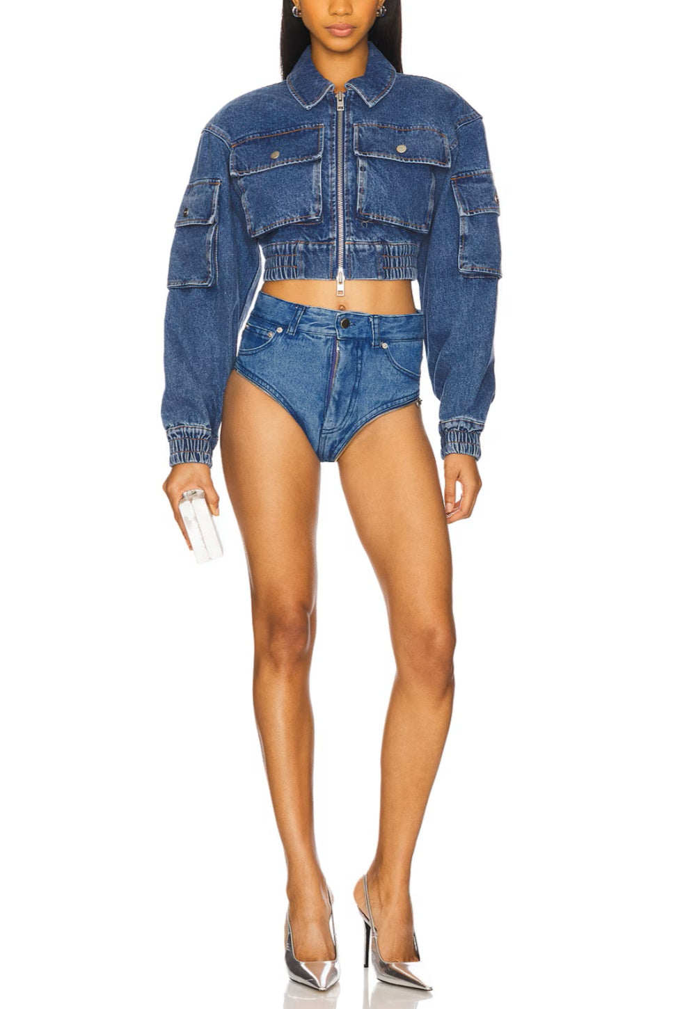 Blue Denim Cropped Cargo Jacket with Multiple Pockets