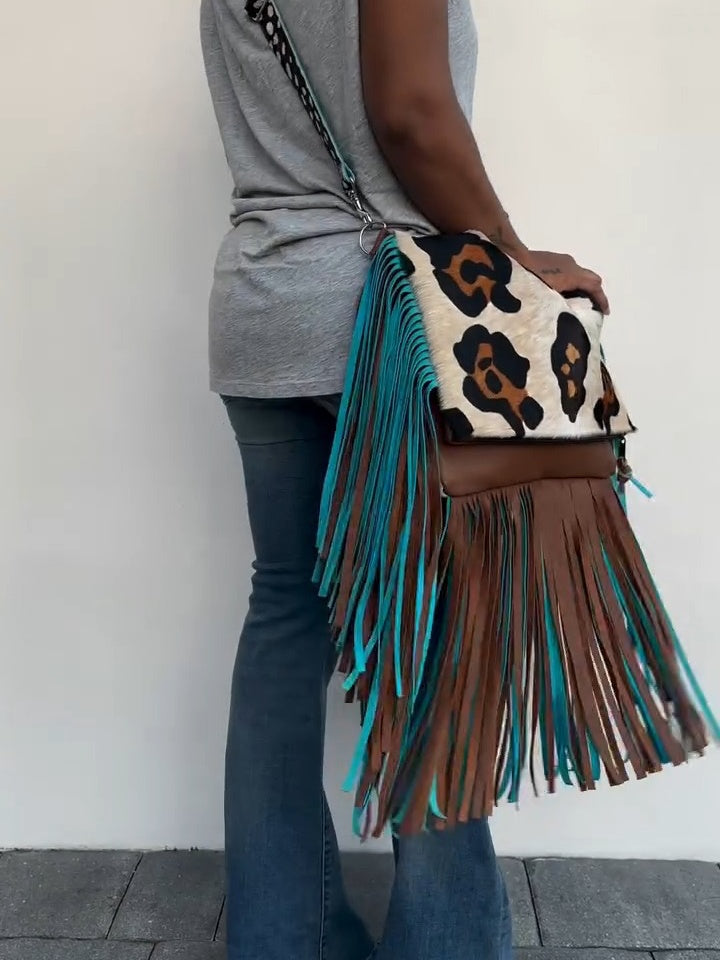 Leopard Print Fringe Crossbody Bag – Bohemian Style with Colorful Tassels