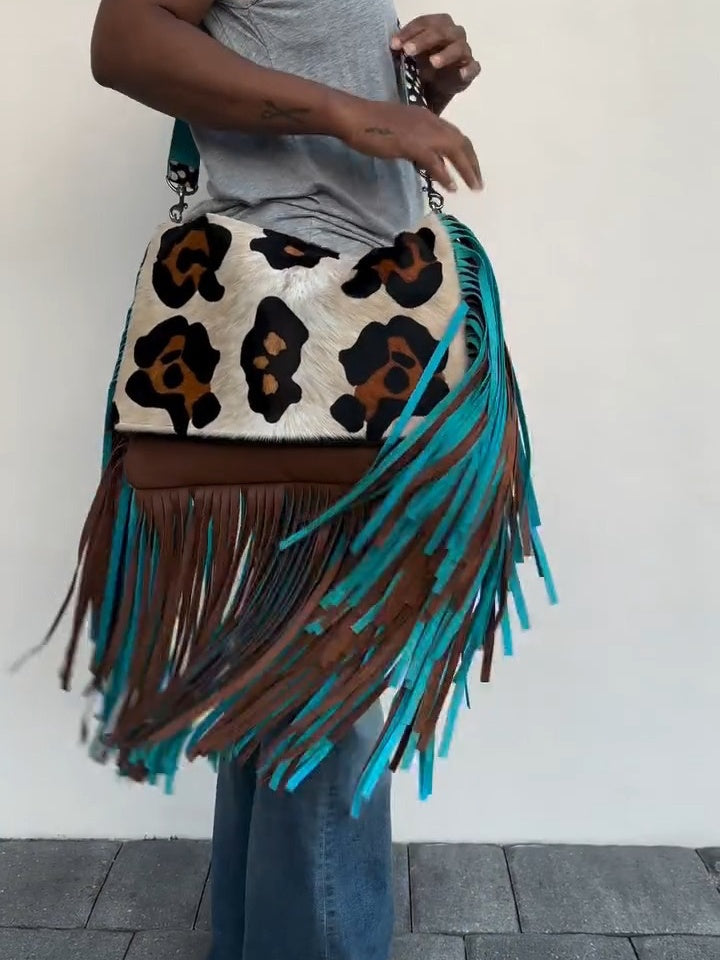 Leopard Print Fringe Crossbody Bag – Bohemian Style with Colorful Tassels