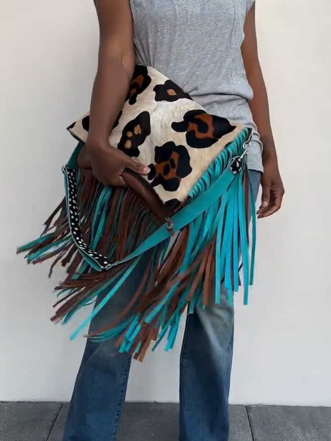 Leopard Print Fringe Crossbody Bag – Bohemian Style with Colorful Tassels