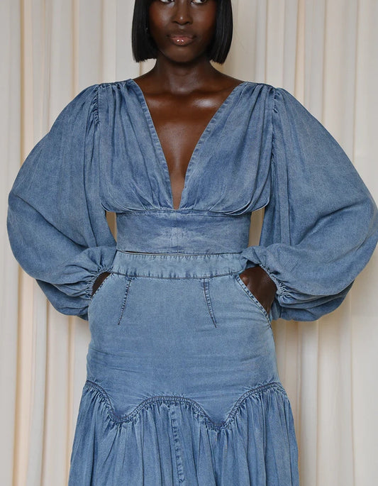 Women's Deep V-neck Backless Denim Long Skirt Two-Piece Set