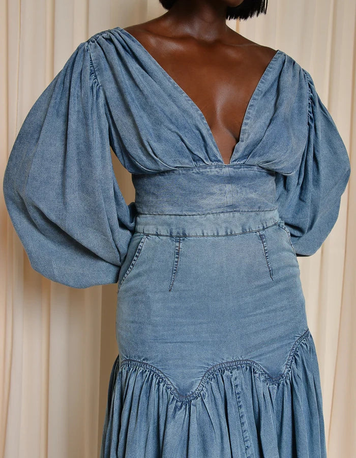 Women's Deep V-neck Backless Denim Long Skirt Two-Piece Set