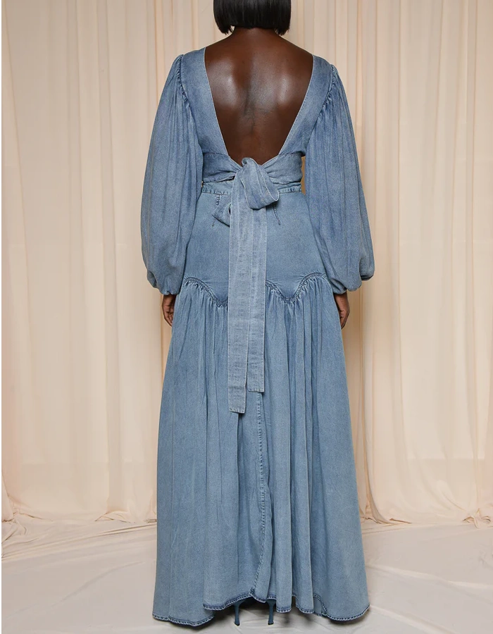 Women's Deep V-neck Backless Denim Long Skirt Two-Piece Set