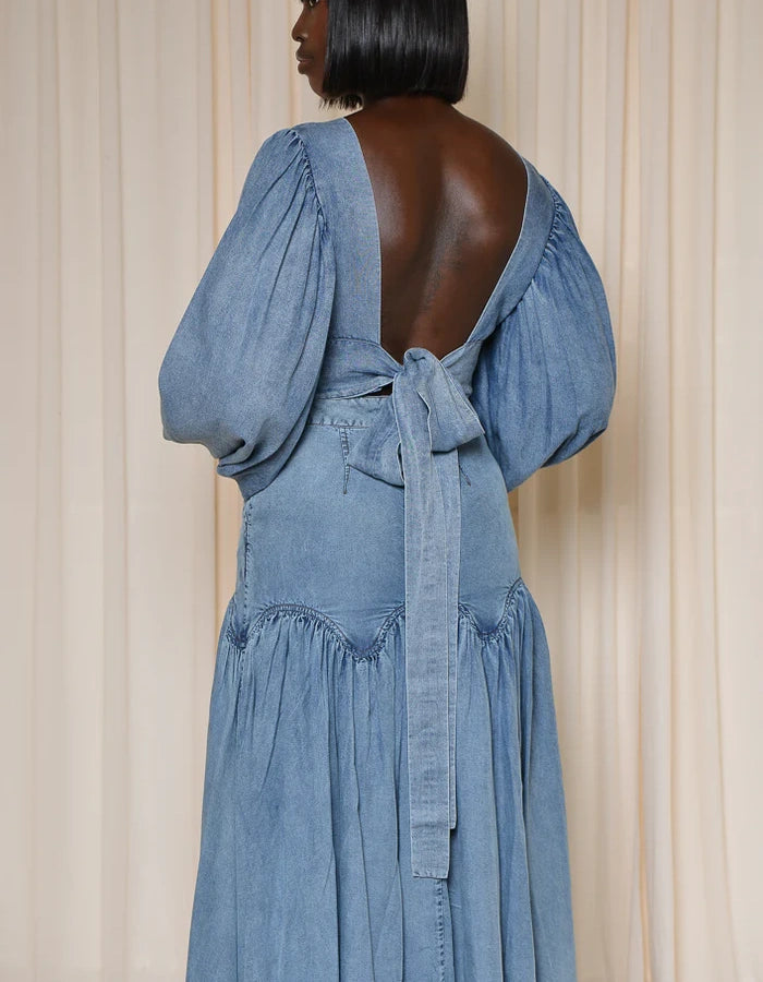 Women's Deep V-neck Backless Denim Long Skirt Two-Piece Set