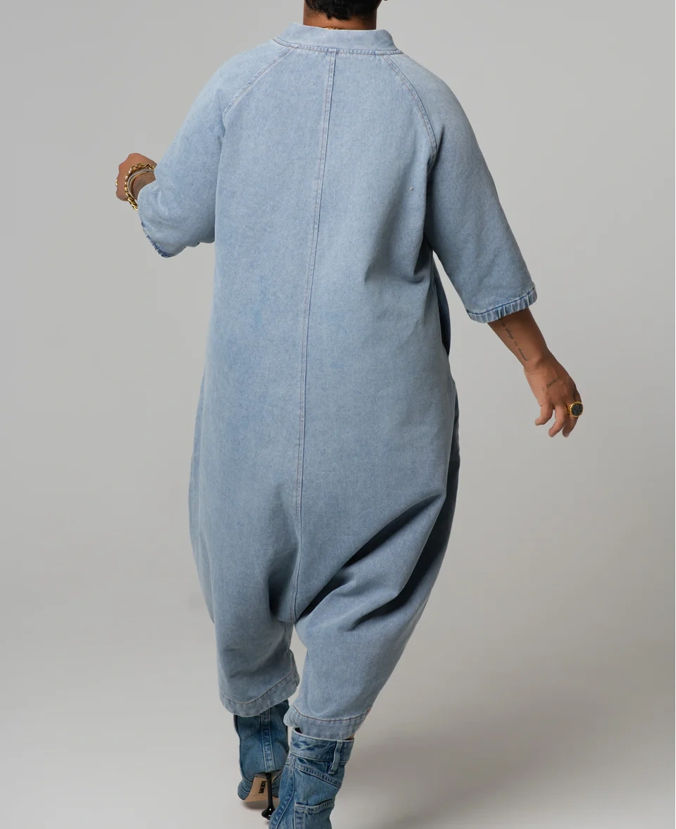 Plus Size Denim Harem Jumpsuit – Oversized Relaxed Fit with Half Sleeves