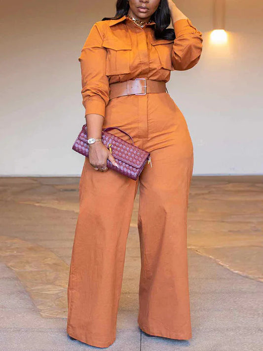 Solid Wide-Leg Cargo Jumpsuit