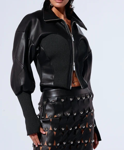 Faux Leather & Knit Panelled Cropped Jacket – Edgy Zip-Up with Puff Sleeves