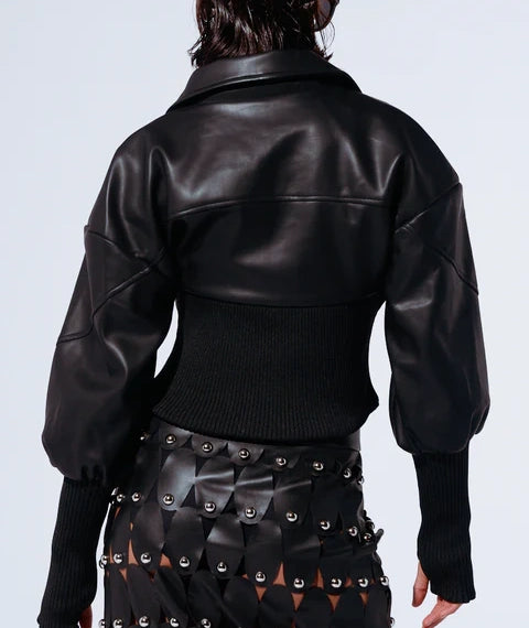 Faux Leather & Knit Panelled Cropped Jacket – Edgy Zip-Up with Puff Sleeves