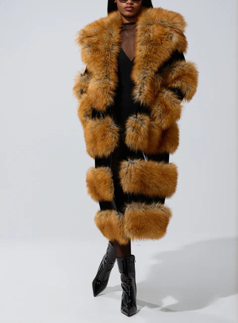 Brown Faux Fur Striped Long Coat