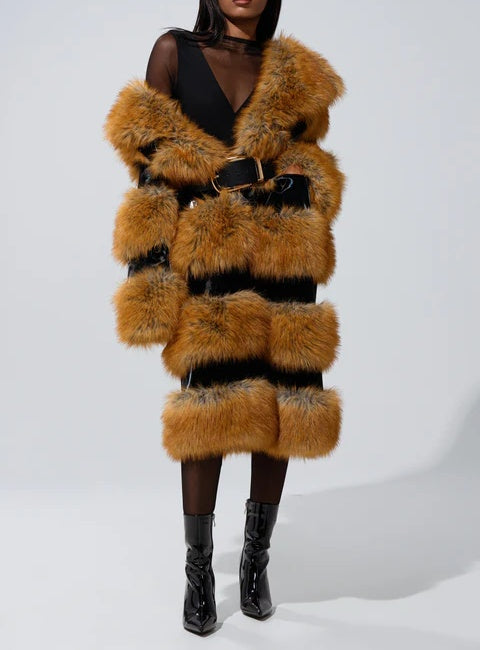 Brown Faux Fur Striped Long Coat