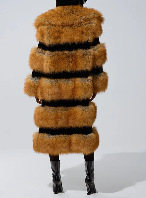 Brown Faux Fur Striped Long Coat
