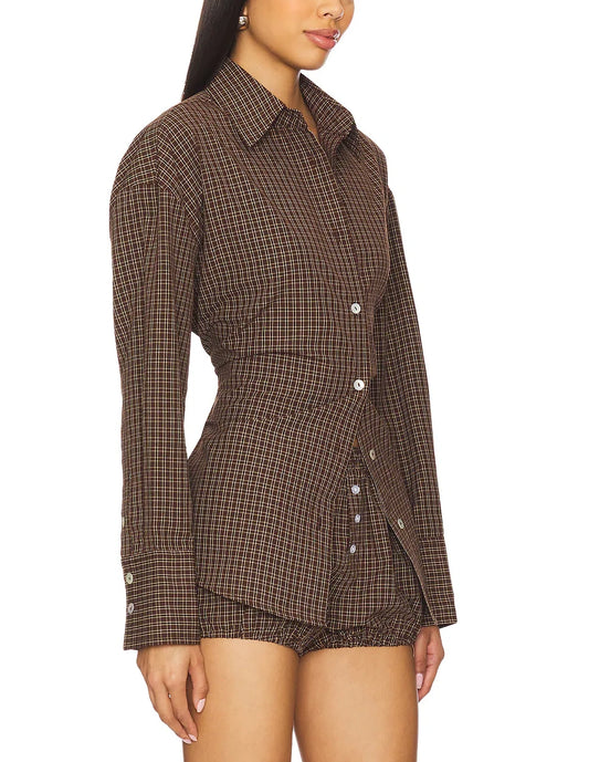 Brown Plaid Shirt Jacket with Back Lace - Up Waist Detail