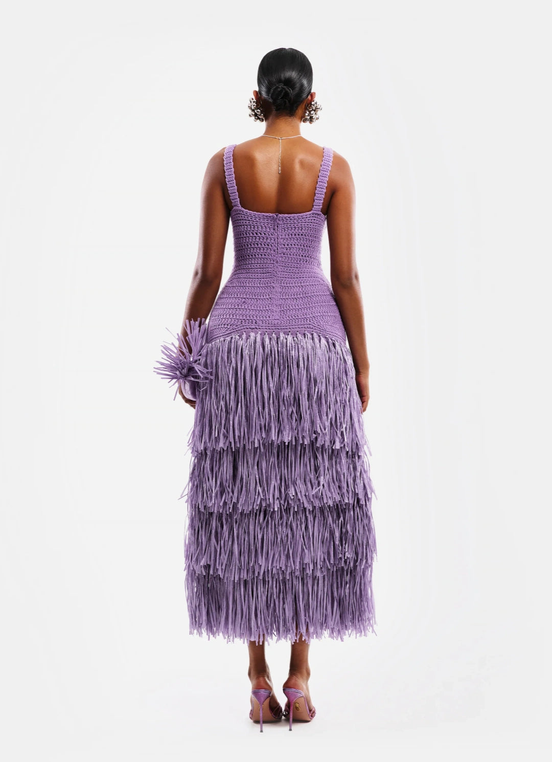 Lavender Crochet Tiered Fringe Midi Dress