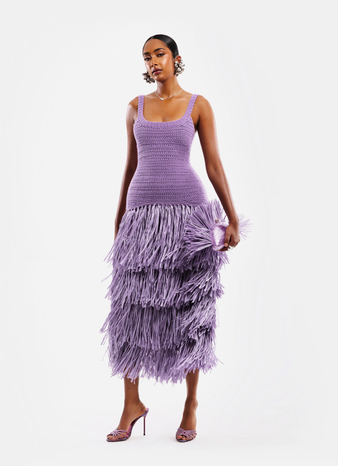 Lavender Crochet Tiered Fringe Midi Dress