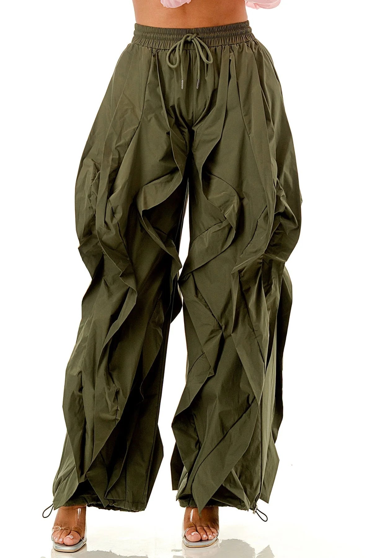 Olive Wavy Oversized Wide Leg Ruffle Drawstring Elastic Waist Jogger Pants