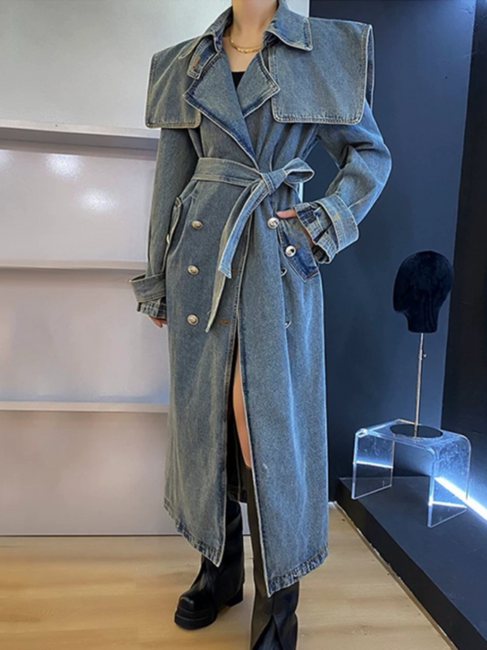 Light Wash Denim Trench Coat with Oversized Collar and Belted Waist