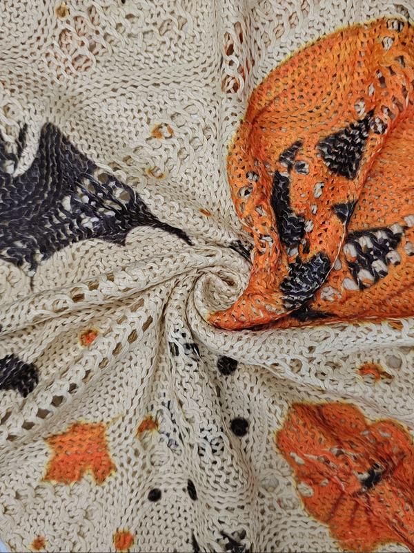 Women's Halloween pumpkin print long-sleeved knit top, casual and elegant resort style sweater with loose bat shoulders