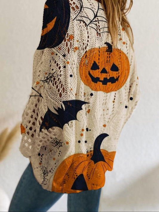 Women's Halloween pumpkin print long-sleeved knit top, casual and elegant resort style sweater with loose bat shoulders