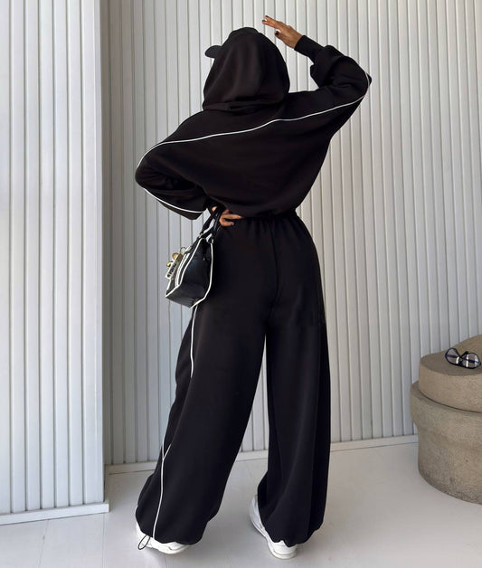 Zip - Up Hoodie & Sweatpants Tracksuit Set with White Piping