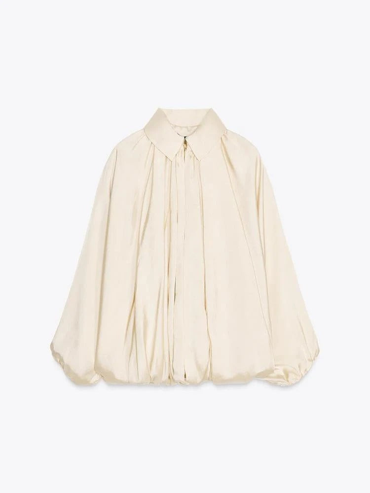 Womens Puffed Bomber Jacket Casual Batwing Sleeve Lapel Collar Zip Shirts Oversized Pleated Streetwear Jackets