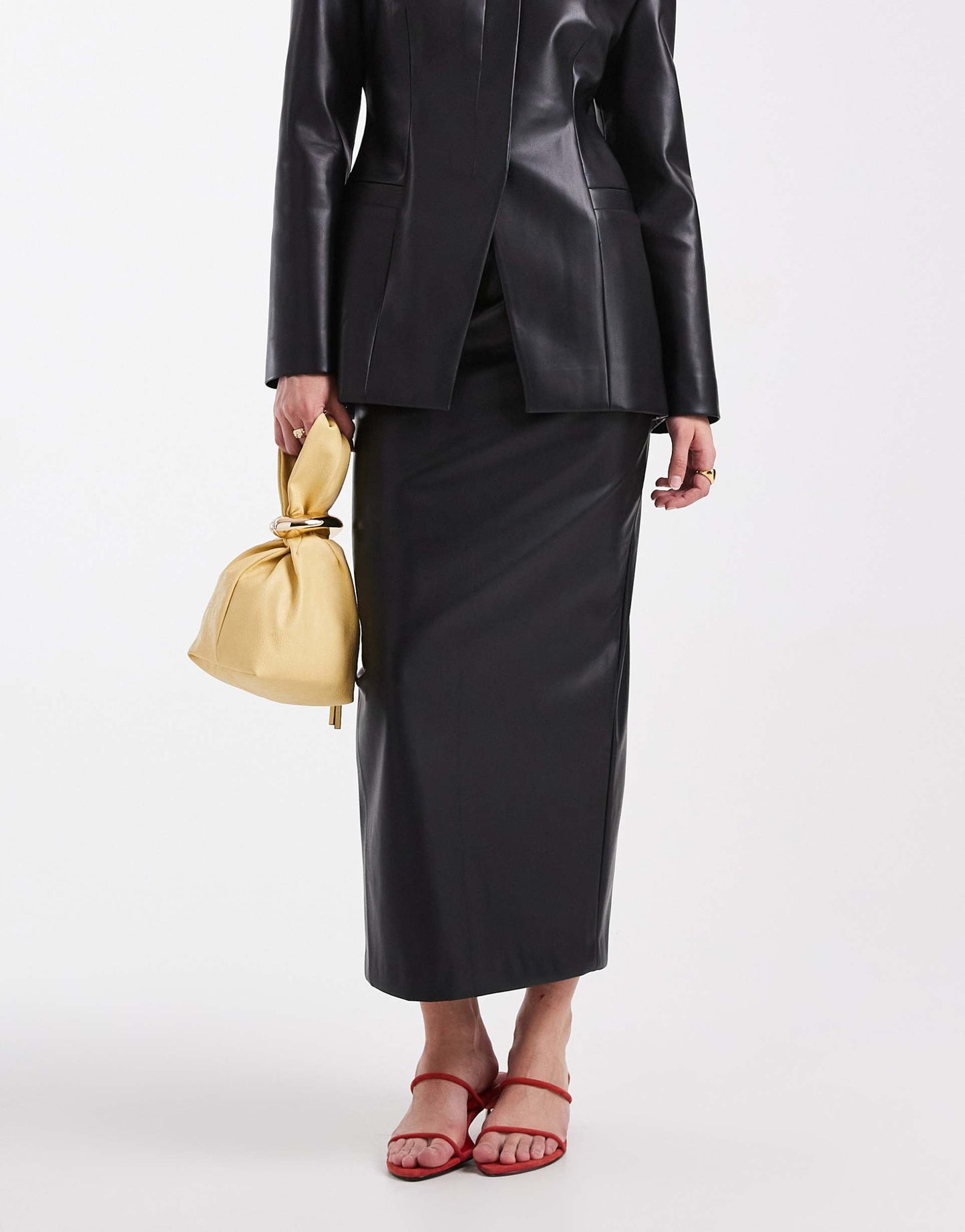 Black Faux Leather Structured Blazer & Midi Skirt Set