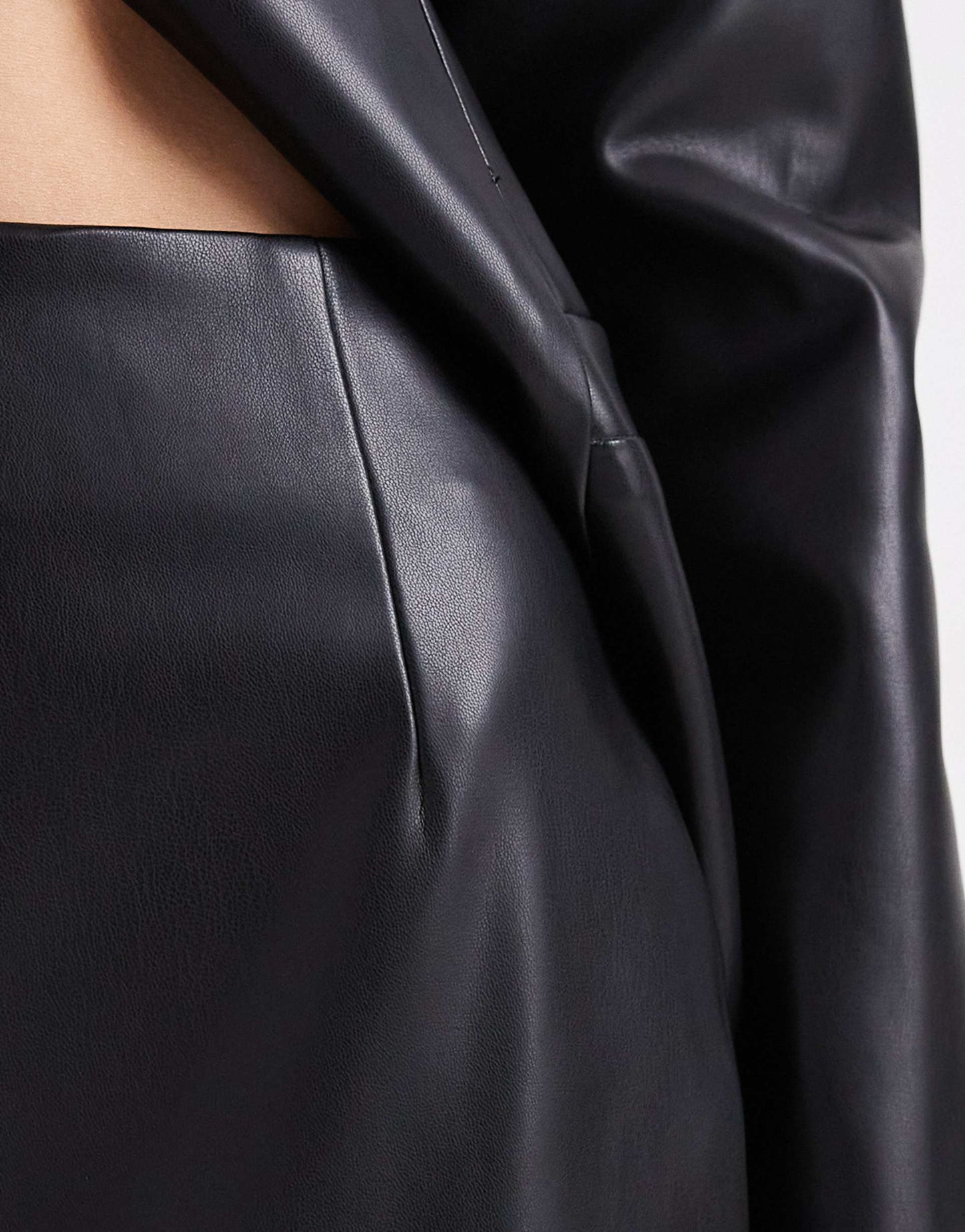 Black Faux Leather Structured Blazer & Midi Skirt Set