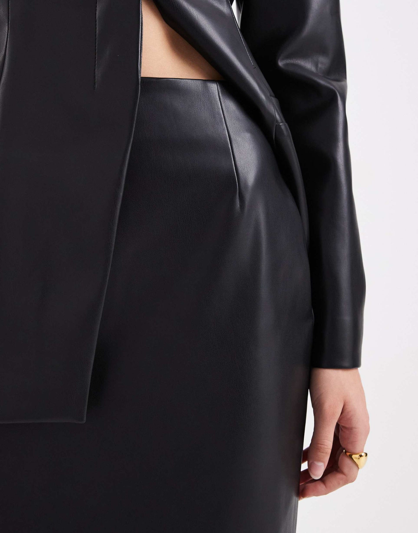 Black Faux Leather Structured Blazer & Midi Skirt Set