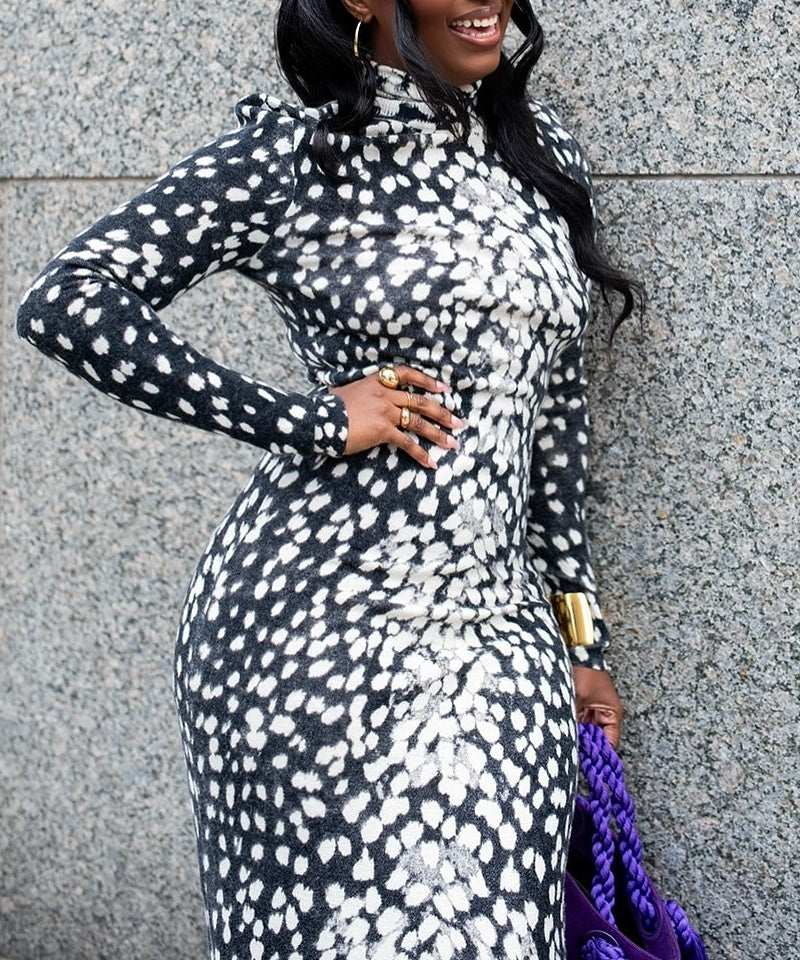 Black and White Speckled Turtleneck Maxi Dress