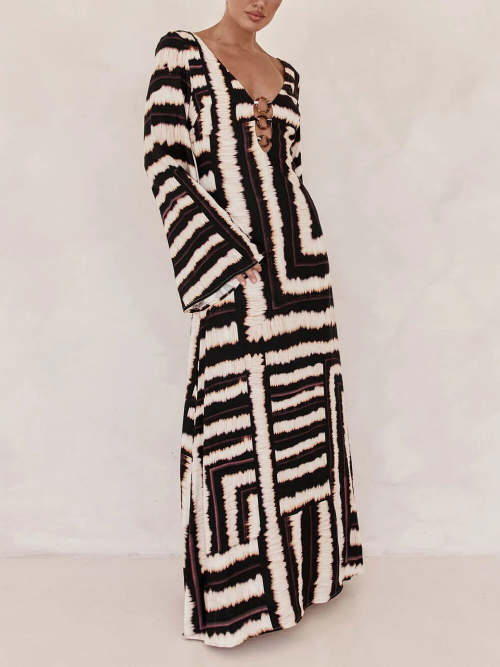 Bohemian Style Unique Printed V Tie Ring Maxi Dress